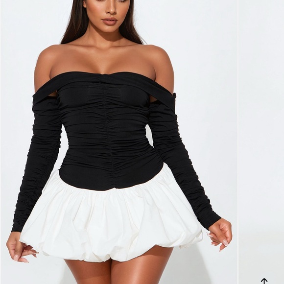 Fashion Nova Black Ruched Top with White Skirt - Picture 1 of 8
